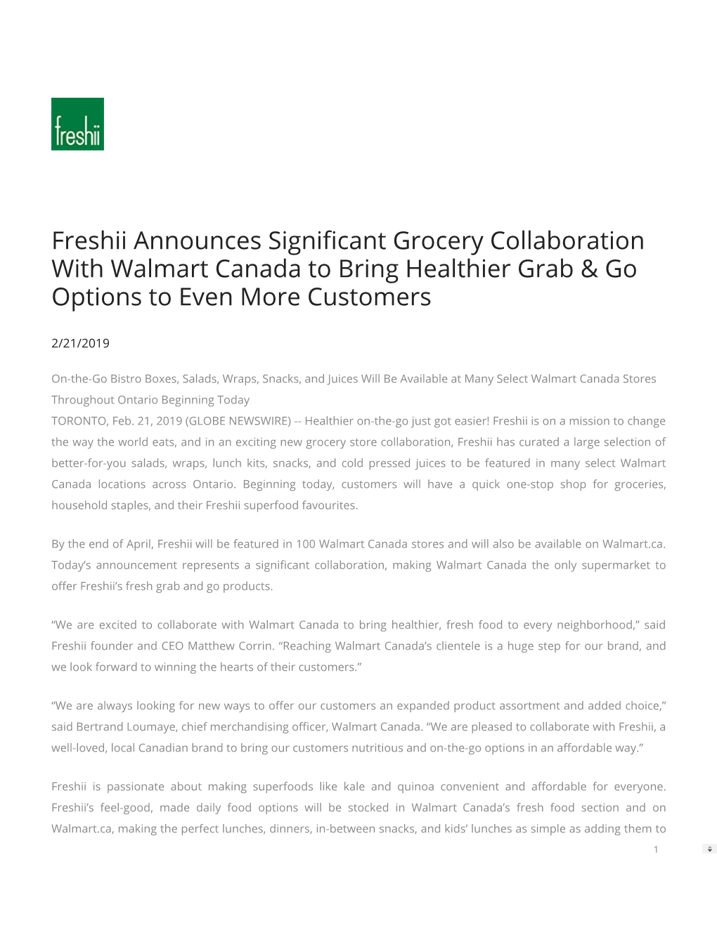 Freshii Announces Signi Cant Grocery Collaboration with Walmart