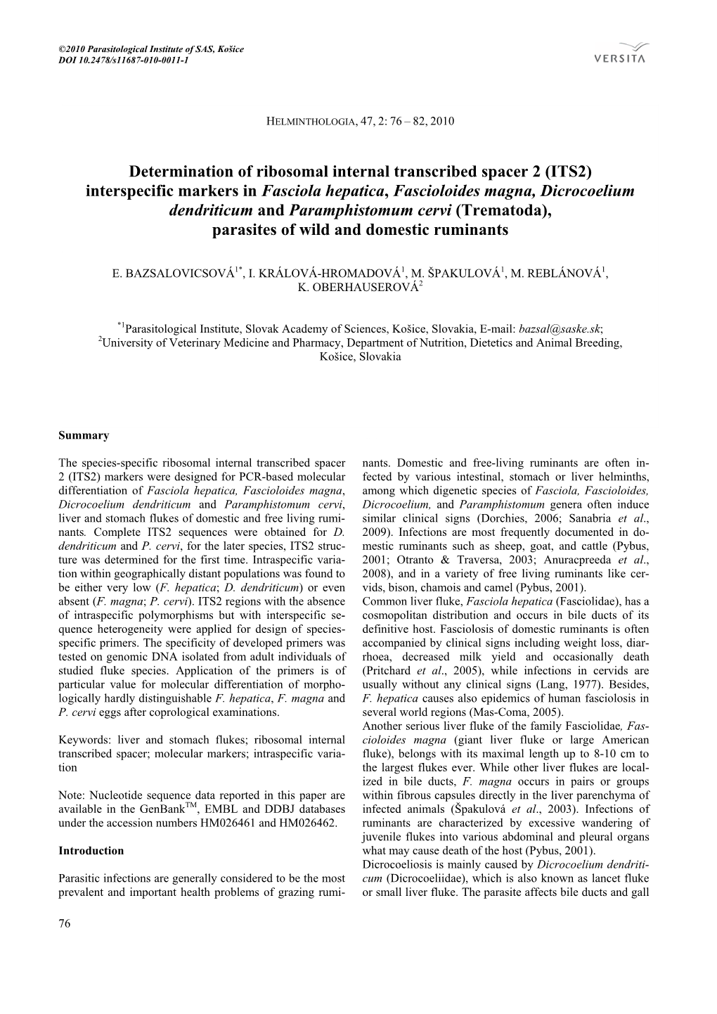 Interspecific Markers in Fasciola Hepatica