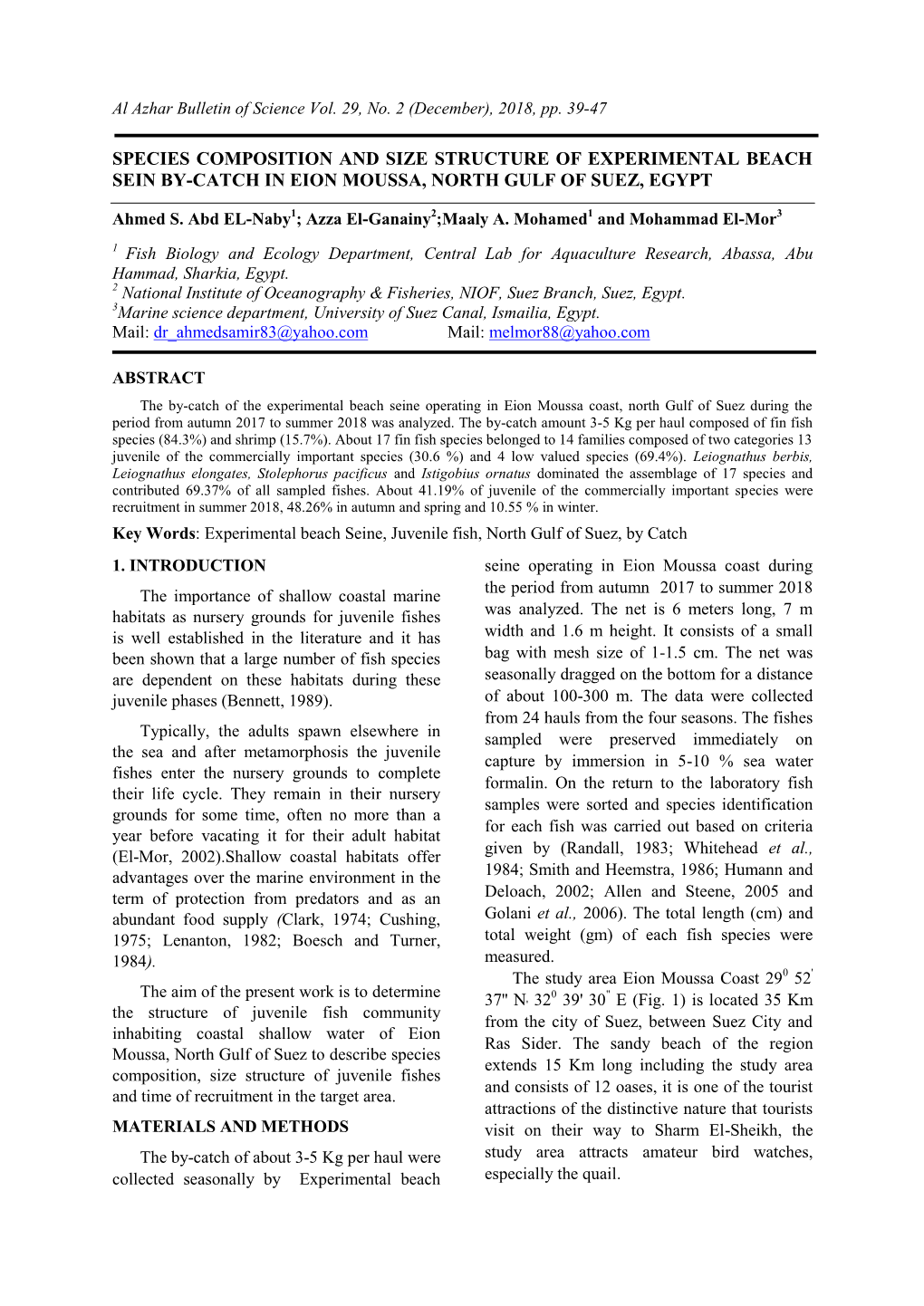 Species Composition and Size Structure of Experimental Beach Sein By-Catch in Eion Moussa, North Gulf of Suez, Egypt