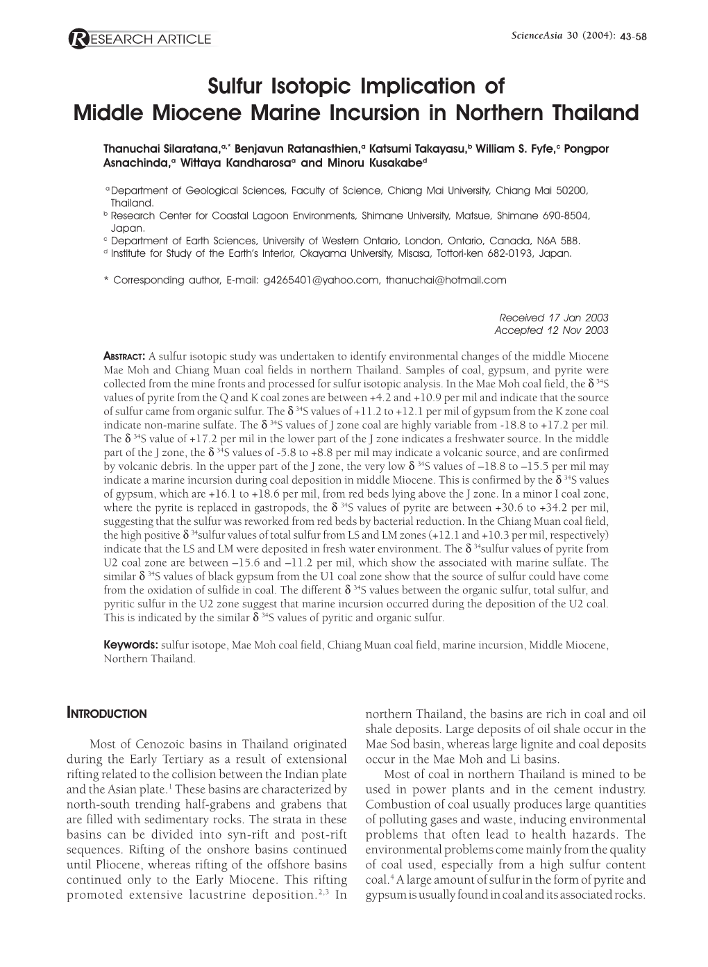 Sulfur Isotopic Implication of Middle Miocene Marine Incursion in Northern Thailand