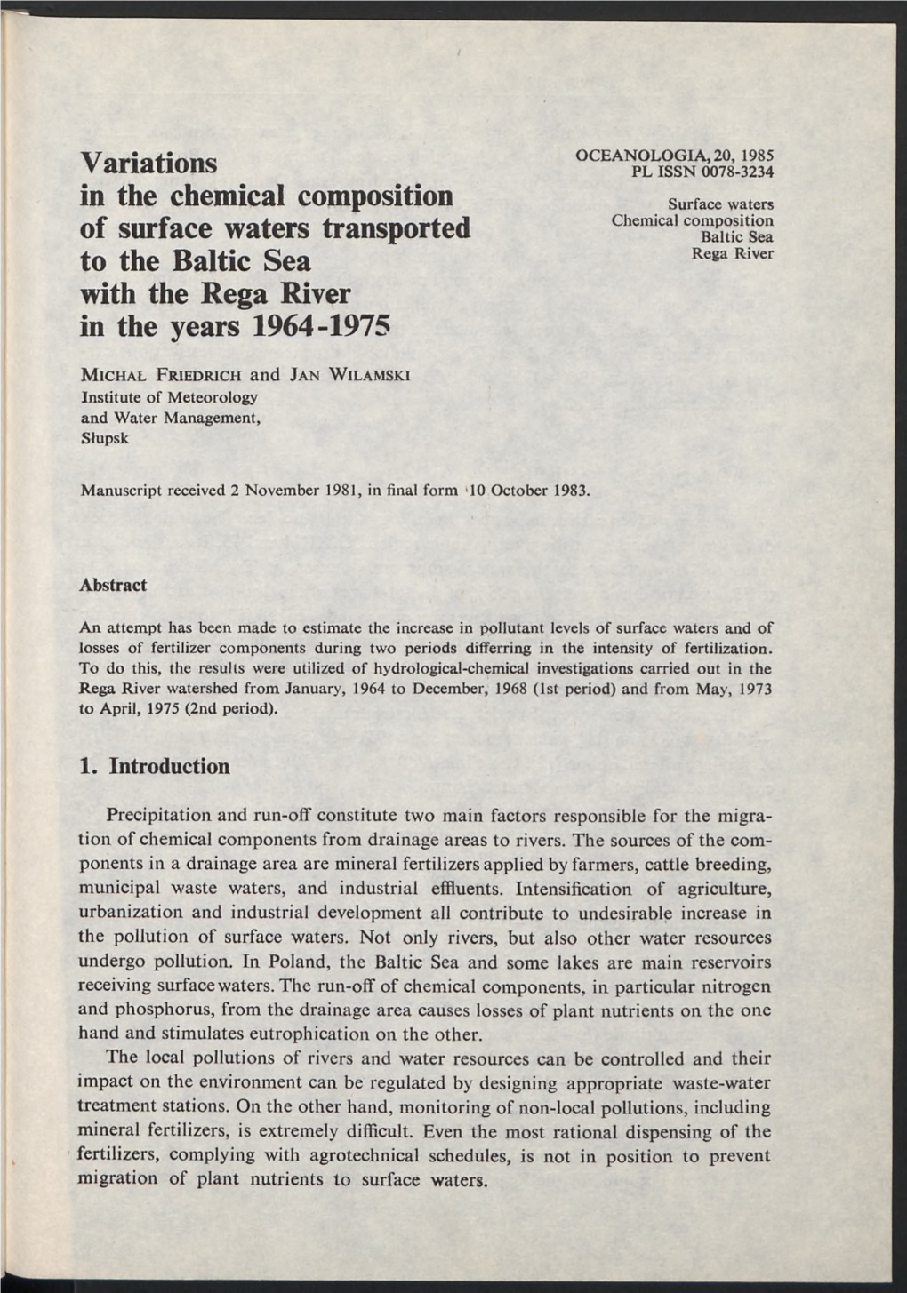 Variations in the Chemical Composition of Surface Waters Transported to The