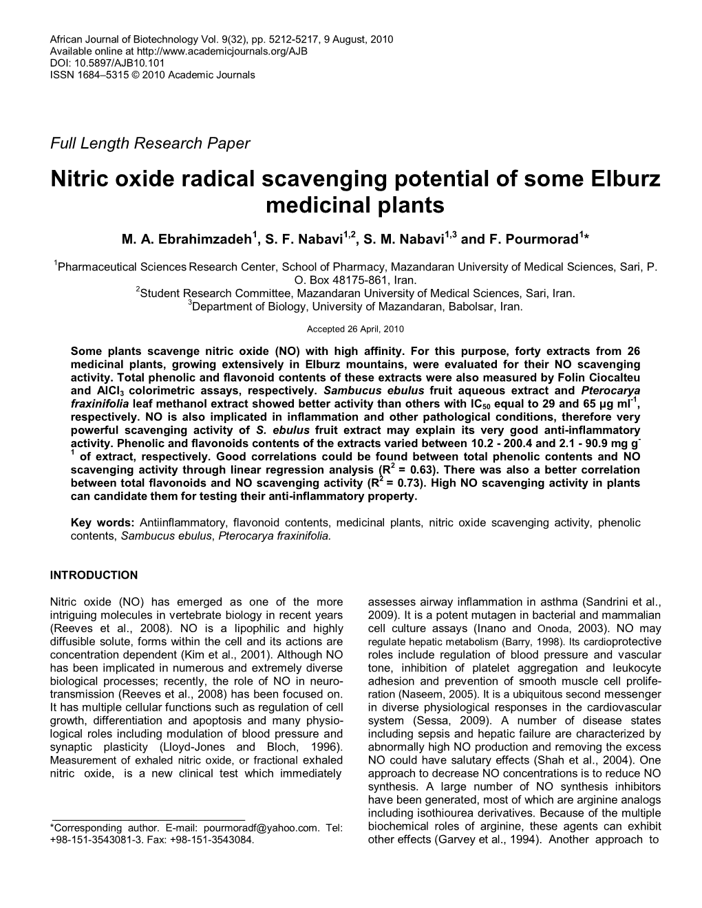 •NO Radical Scavenging Potential of Some Elburz Medical Plants
