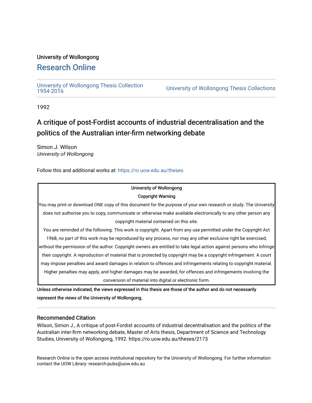 A Critique of Post-Fordist Accounts of Industrial Decentralisation and the Politics of the Australian Inter-Firm Networking Debate