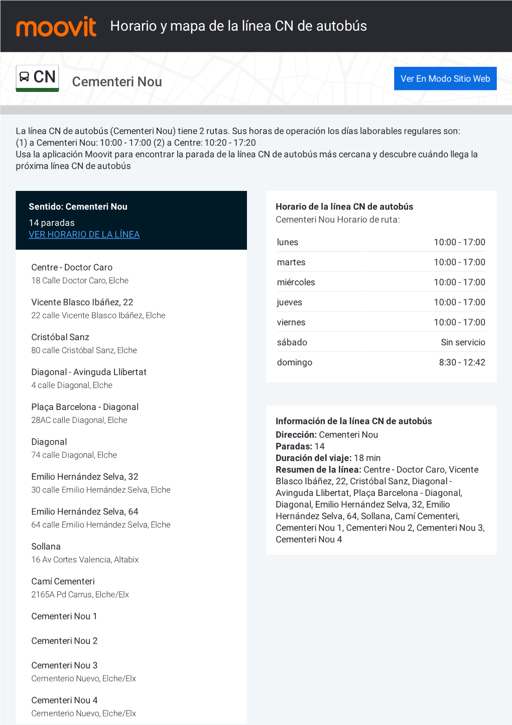 Horario Y Mapa De La Ruta CN De Autobús