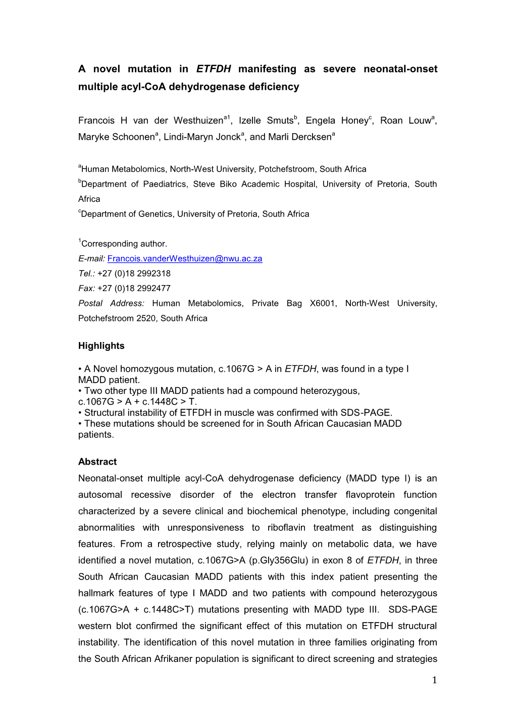 1 a Novel Mutation in ETFDH Manifesting As Severe Neonatal