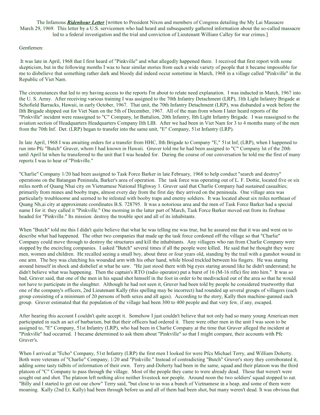 Letter From Ron Ridenhour To Nixon Detailing The My Lai Massacre