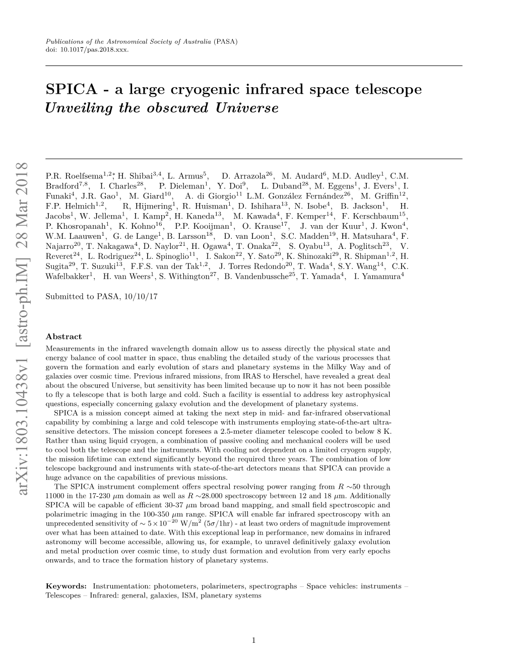 SPICA-A Large Cryogenic Infrared Space Telescope Unveiling the Obscured Universe