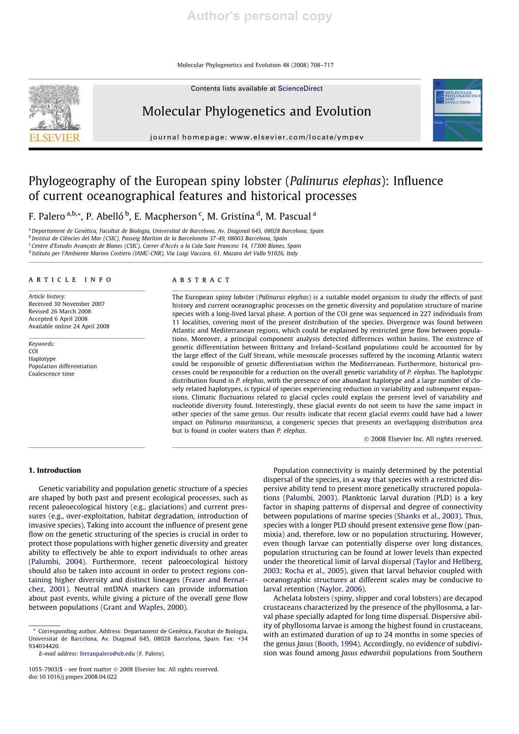 Phylogeography of the European Spiny Lobster (Palinurus Elephas): Inﬂuence of Current Oceanographical Features and Historical Processes