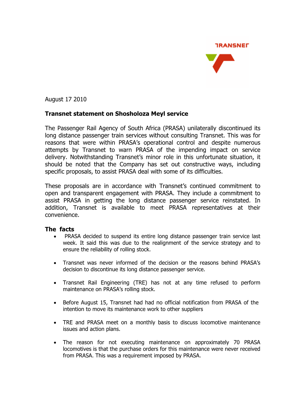 Transnet Statement on Shosholoza Meyl Service