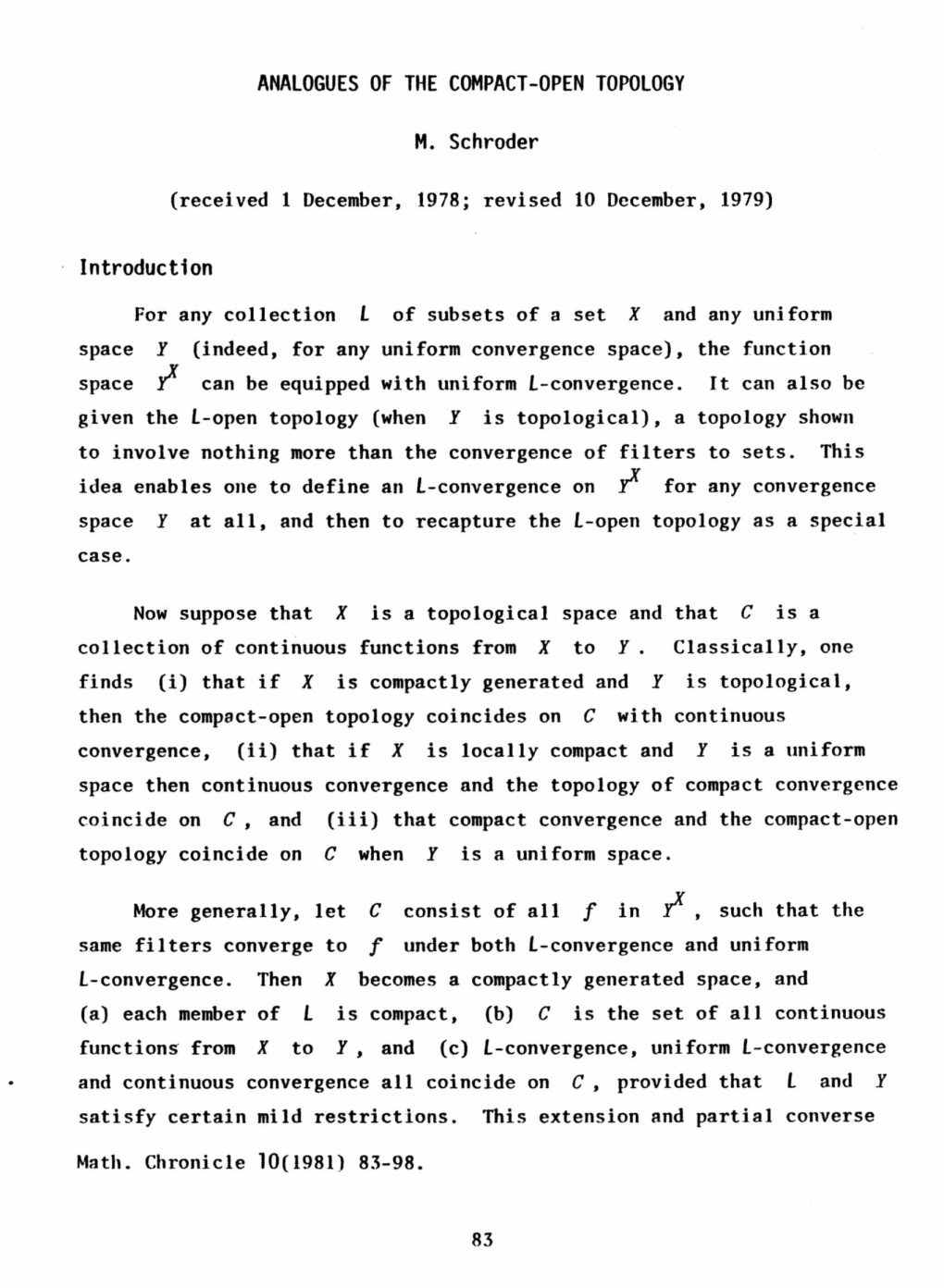 M. Schroder, Analogues of the Compact-Open Topology, P 83