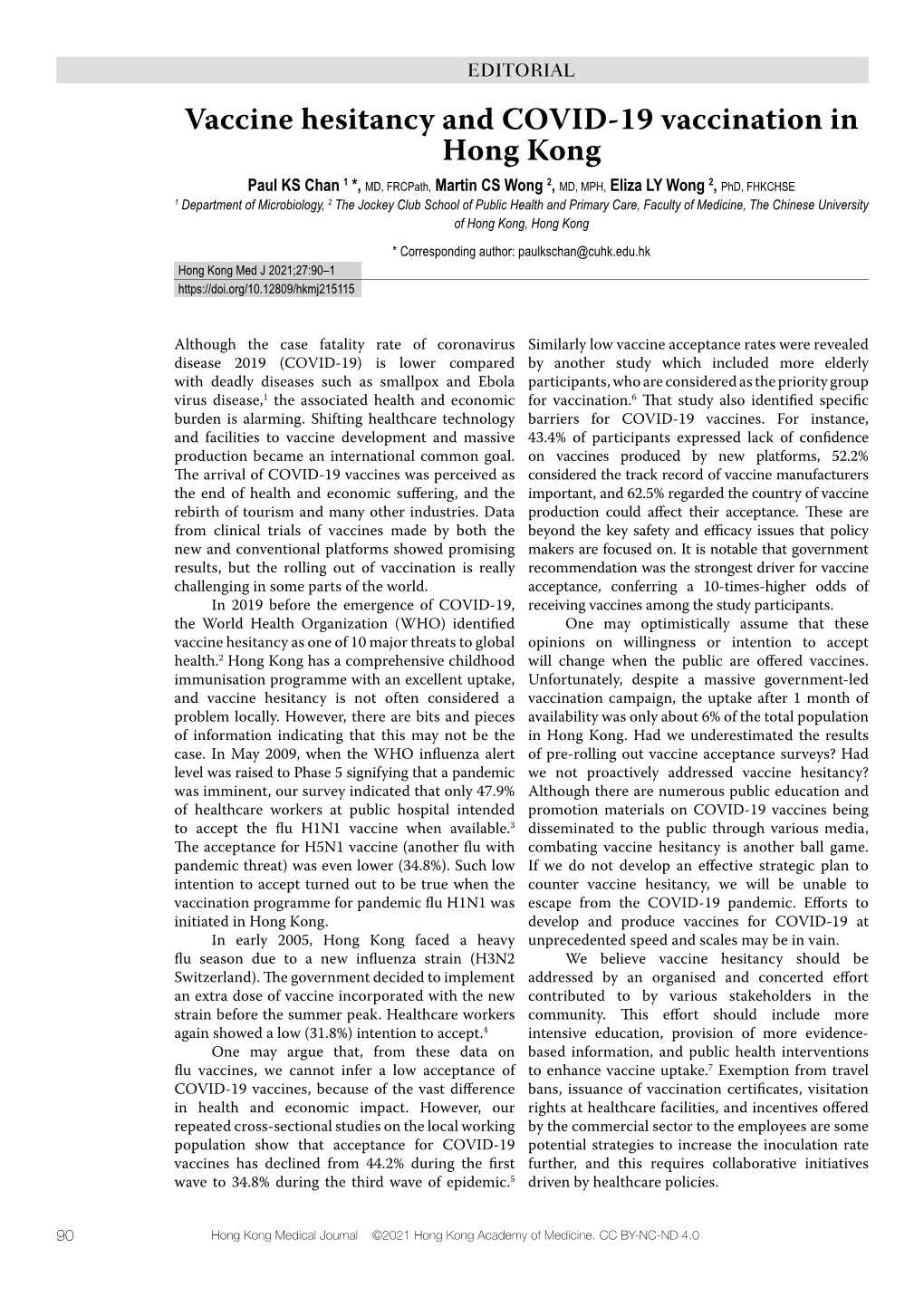 Vaccine Hesitancy and COVID-19 Vaccination in Hong Kong