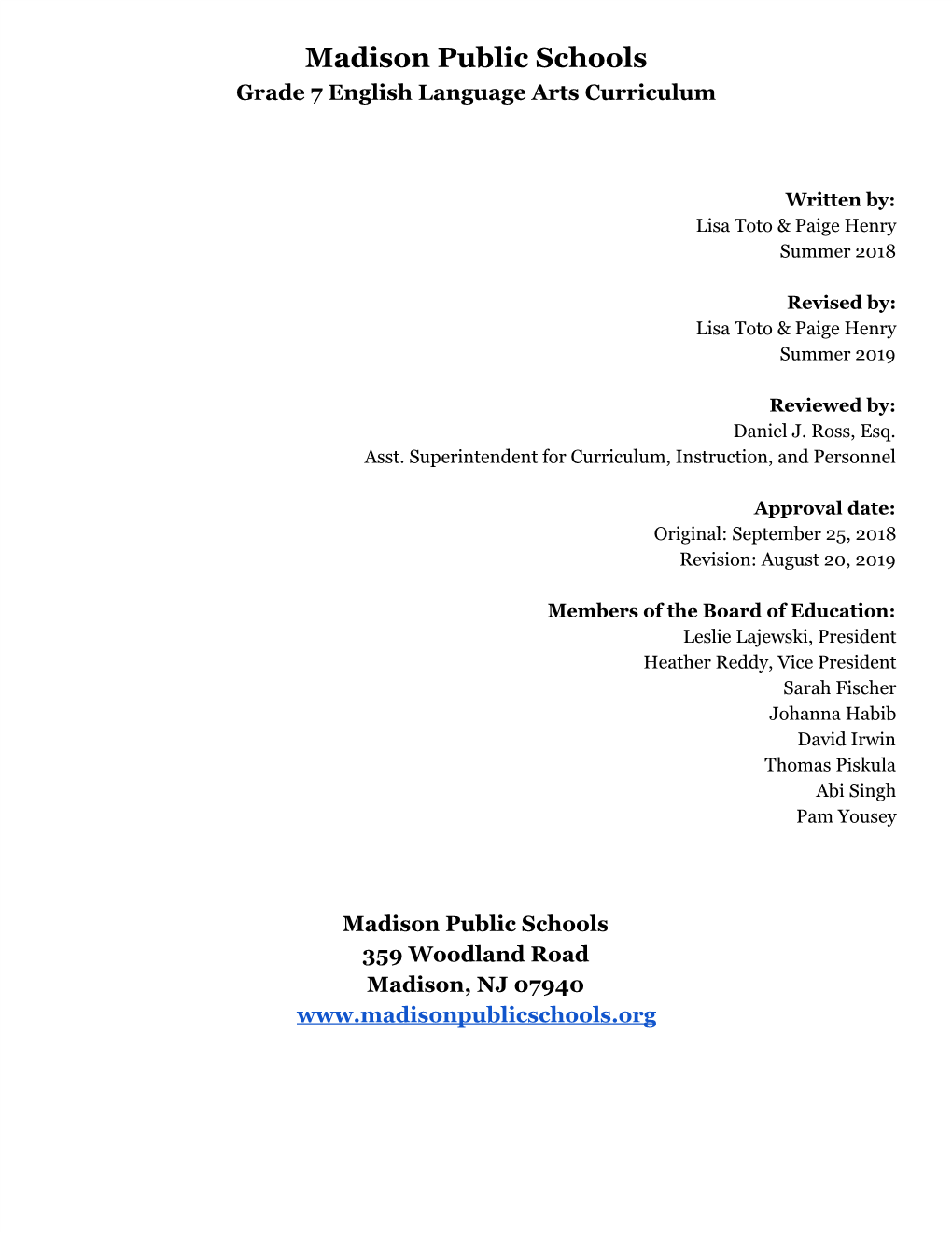 Madison Public Schools Grade 7 English Language Arts Curriculum