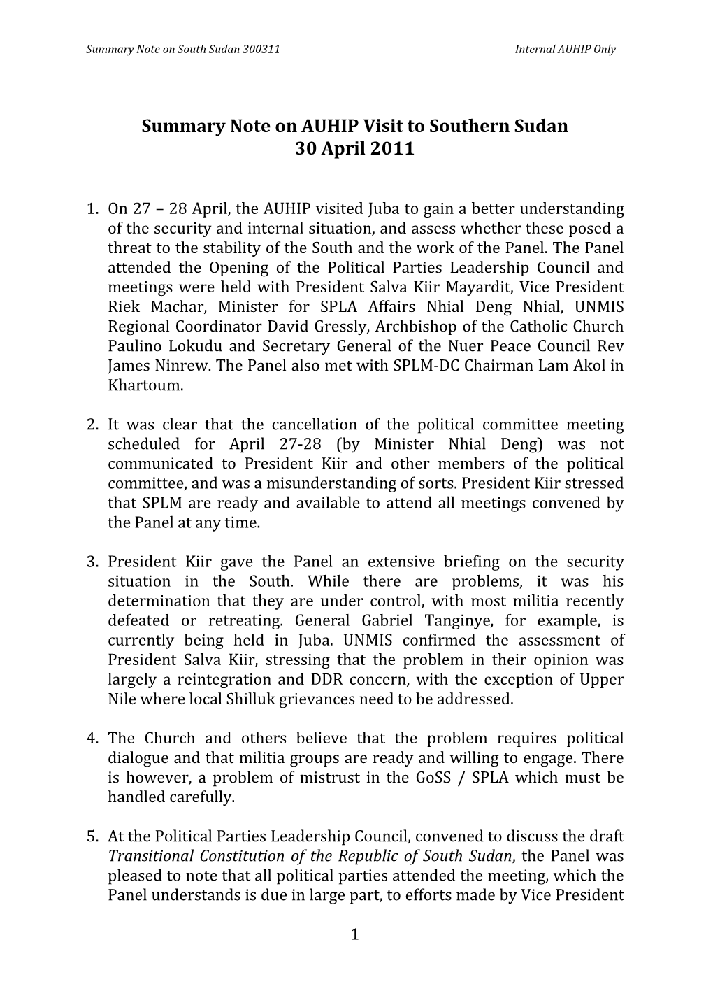 Summary Note on AUHIP Visit to Southern Sudan 30 April 2011