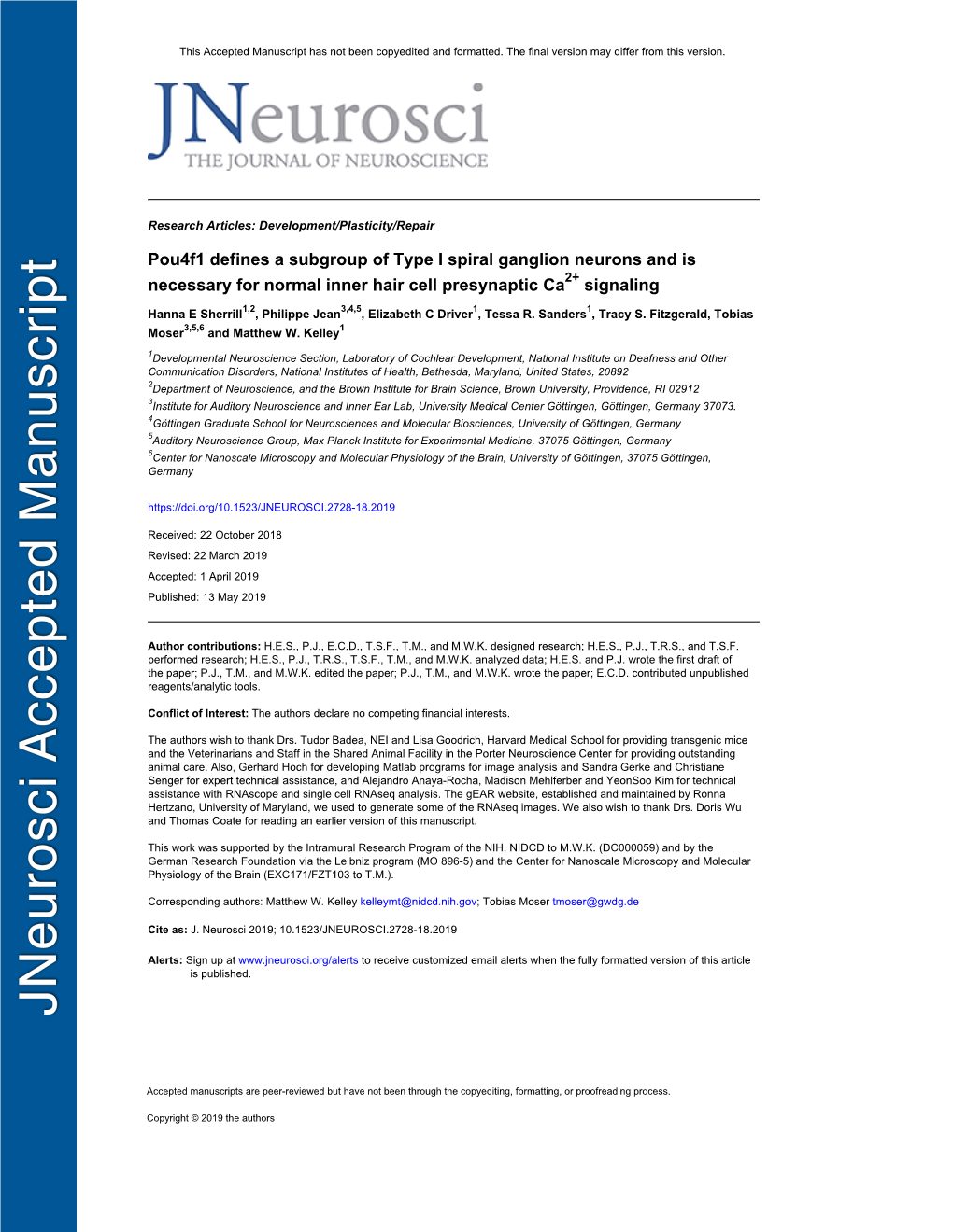 Pou4f1 Defines a Subgroup of Type I Spiral Ganglion Neurons and Is Necessary for Normal Inner Hair Cell Presynaptic Ca2+ Signaling