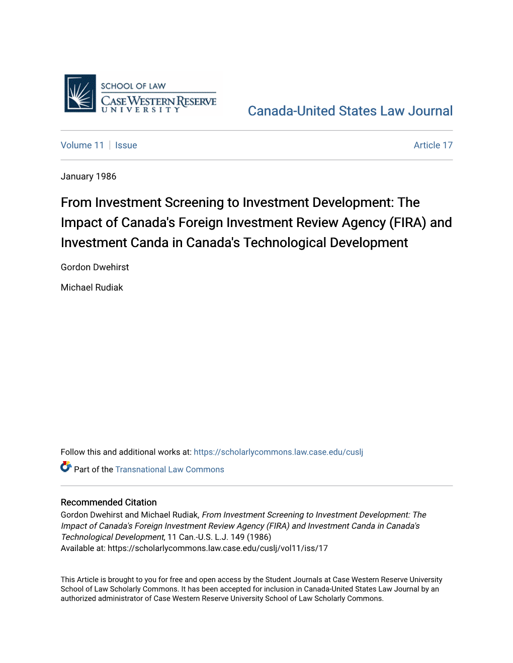 From Investment Screening to Investment Development: the Impact of Canada's Foreign Investment Review Agency (FIRA) and Inve