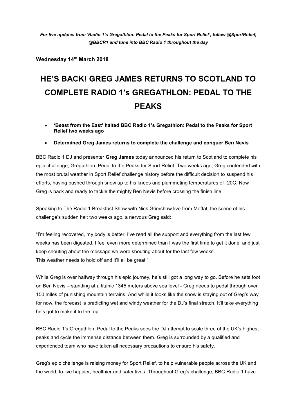 GREG JAMES RETURNS to SCOTLAND to COMPLETE RADIO 1'S GREGATHLON