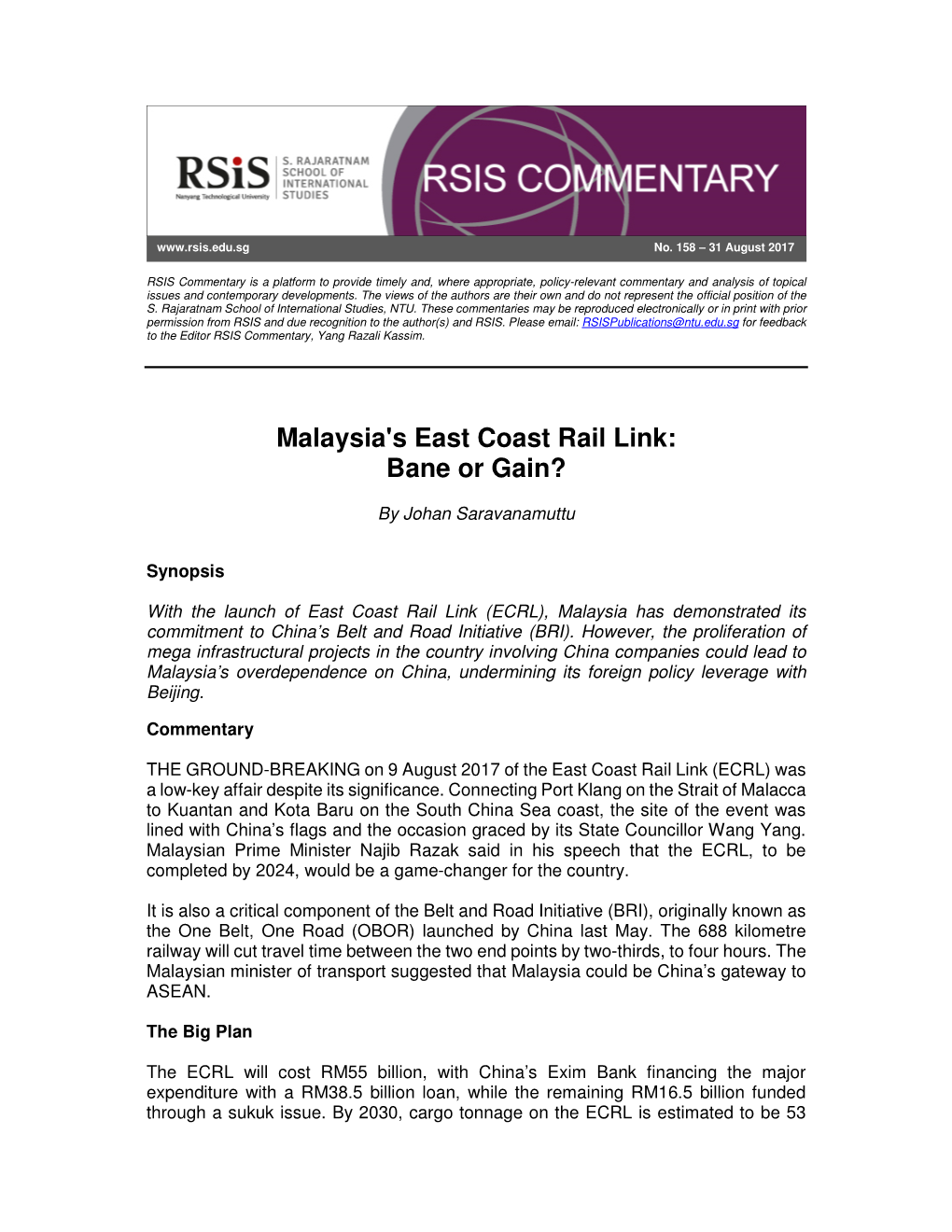 Malaysia's East Coast Rail Link: Bane Or Gain?