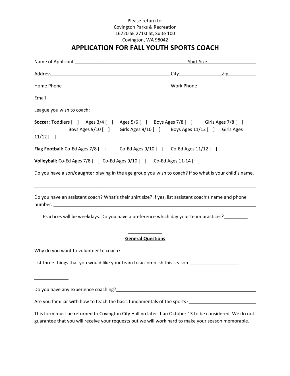 Application for Fall Youth Sports Coach