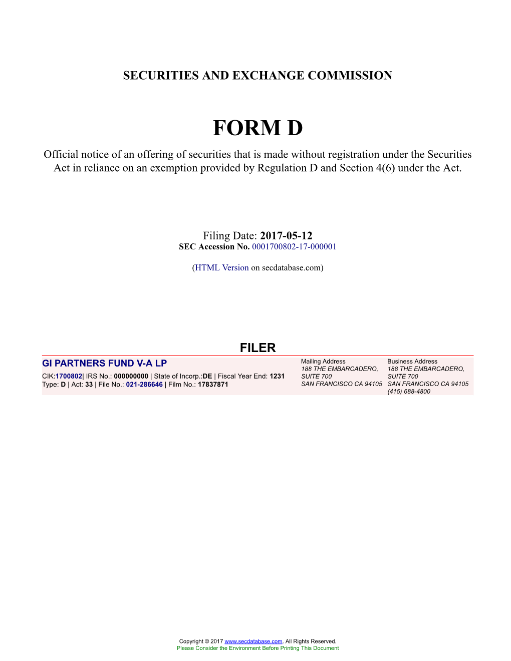 GI PARTNERS FUND V-A LP Form D Filed 2017-05-12