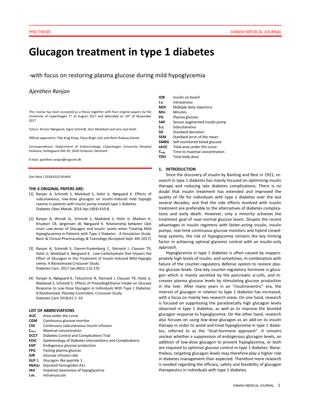Glucagon Treatment in Type 1 Diabetes