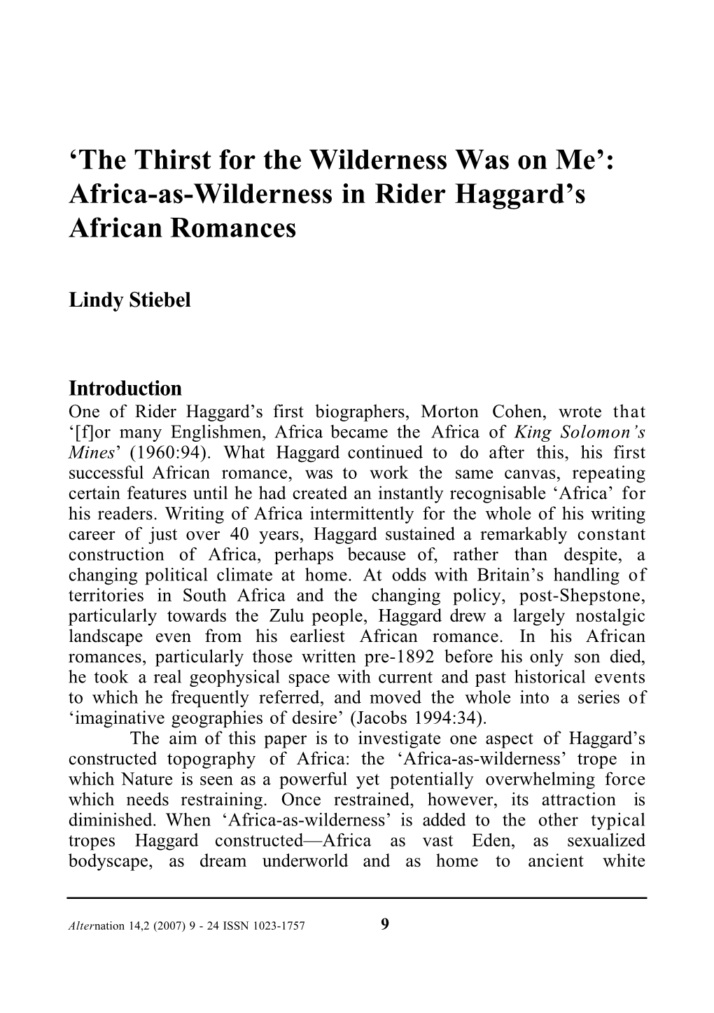 Africa-As-Wilderness in Rider Haggard's African Romances