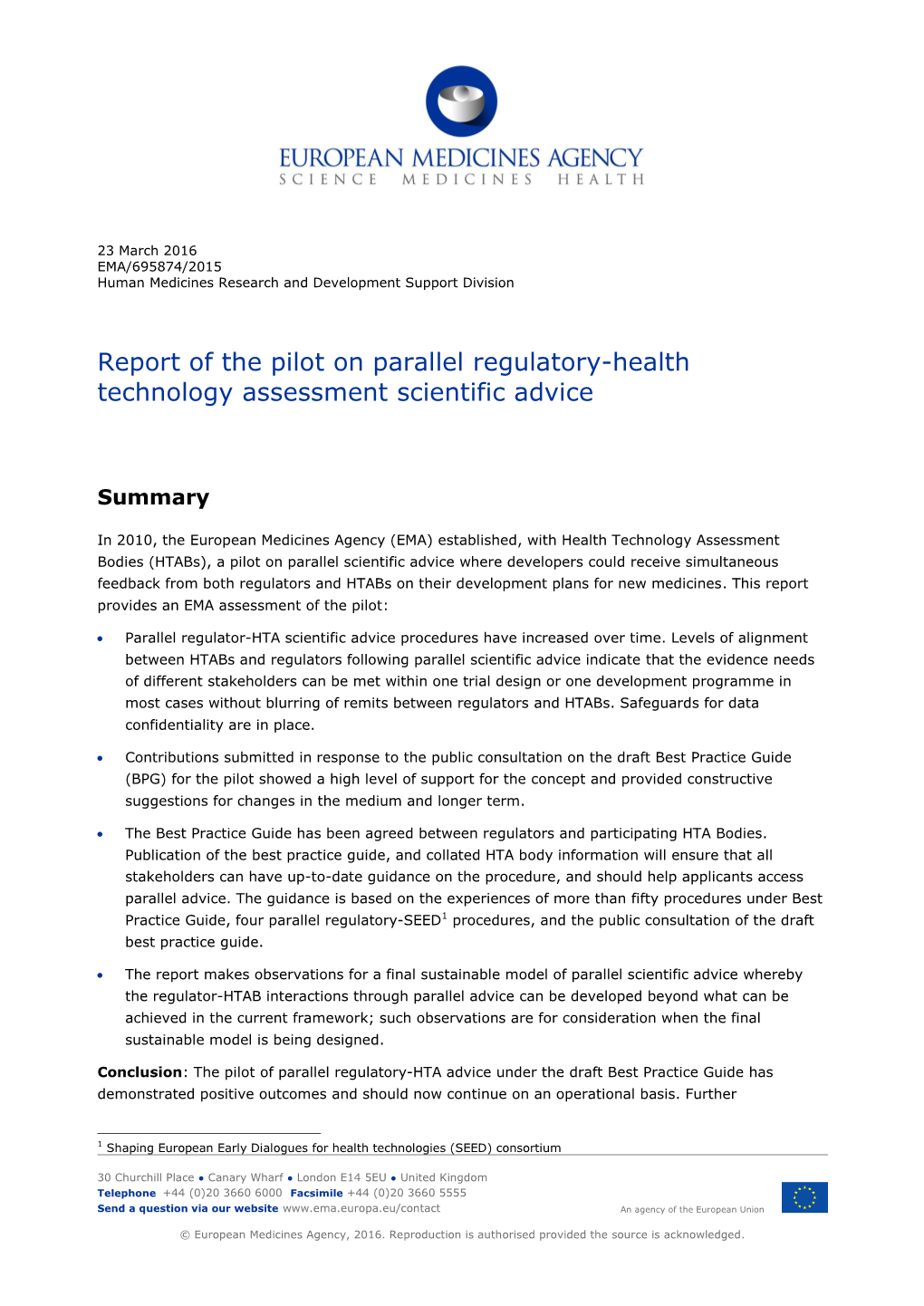 Report of the Pilot on Parallel Regulatory-Health Technology Assessment Scientific Advice