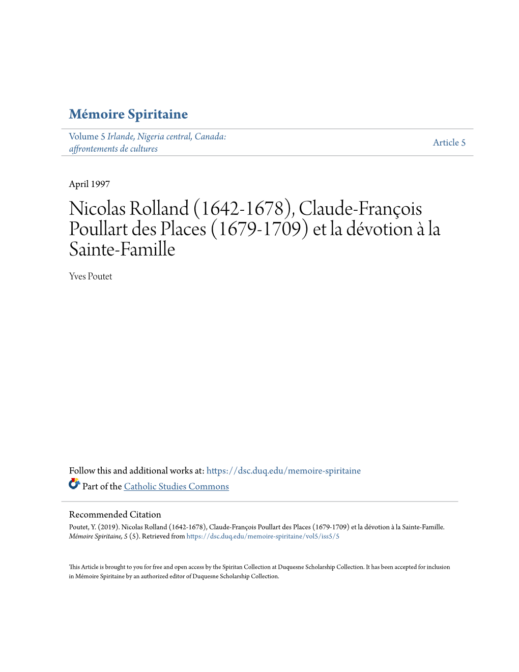 Nicolas Rolland (1642-1678), Claude-François Poullart Des Places (1679-1709) Et La Dévotion À La Sainte-Famille Yves Poutet