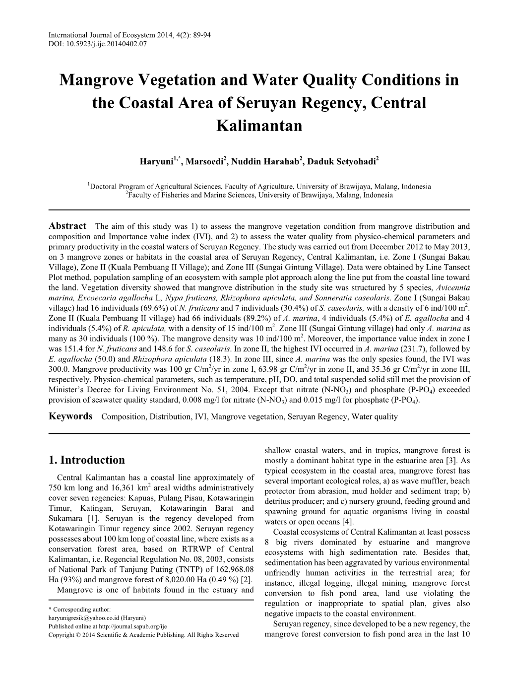 Composition, Distribution, IVI, Mangrove Vegetation, Seruyan Regency, Water Quality