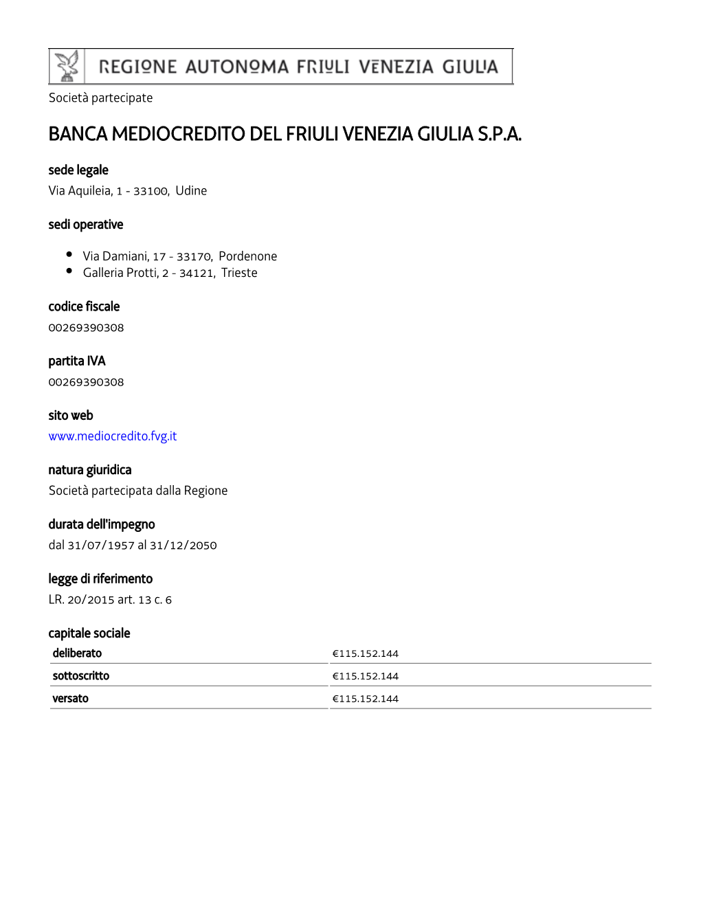 BANCA MEDIOCREDITO DEL FRIULI VENEZIA GIULIA S.P.A. Sede Legale Via Aquileia, 1 - 33100, Udine Sedi Operative