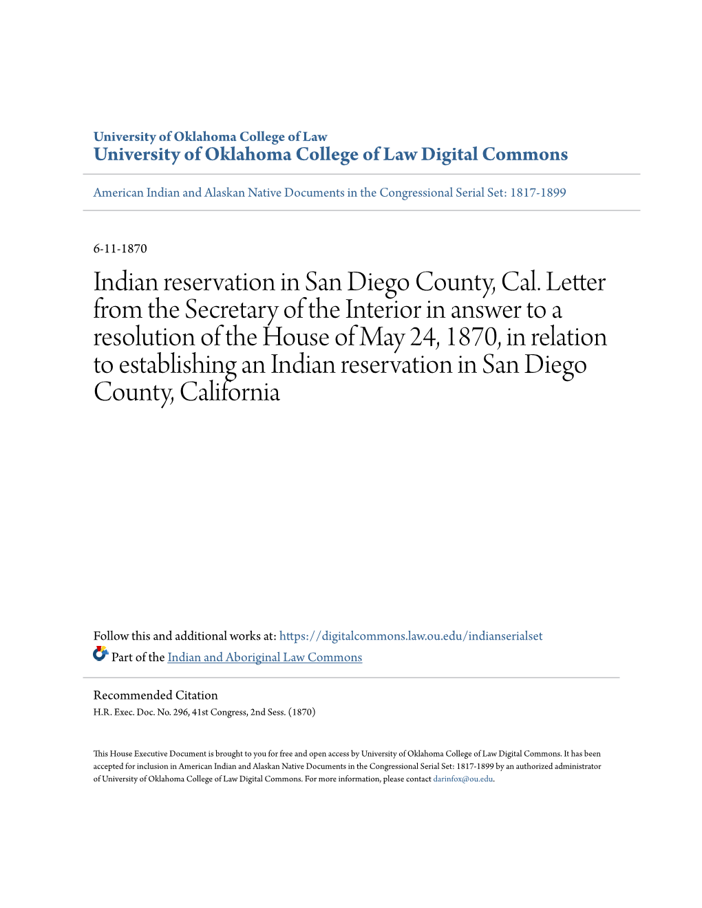 Indian Reservation in San Diego County, Cal. Letter from The