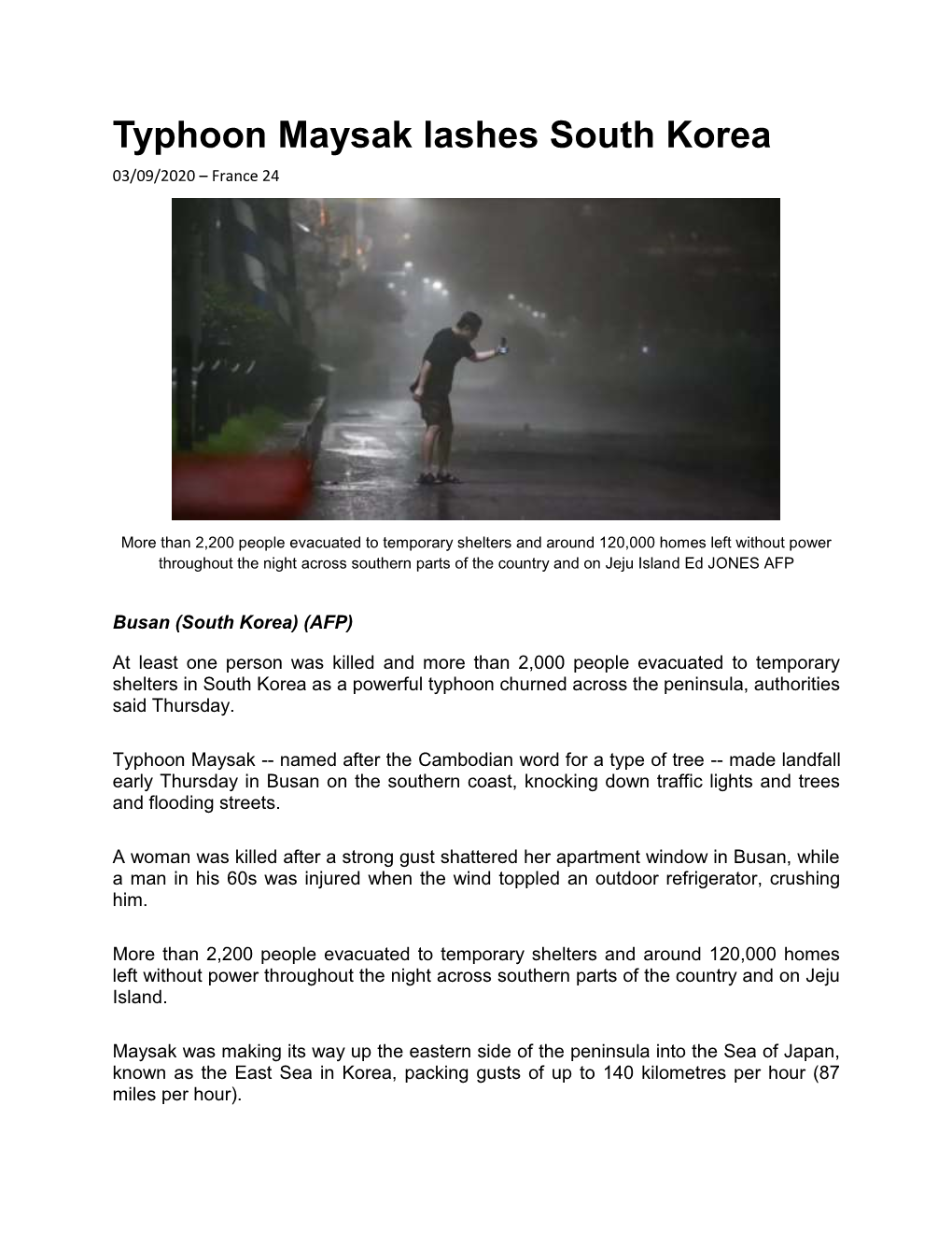 Typhoon Maysak Lashes South Korea 03/09/2020 – France 24