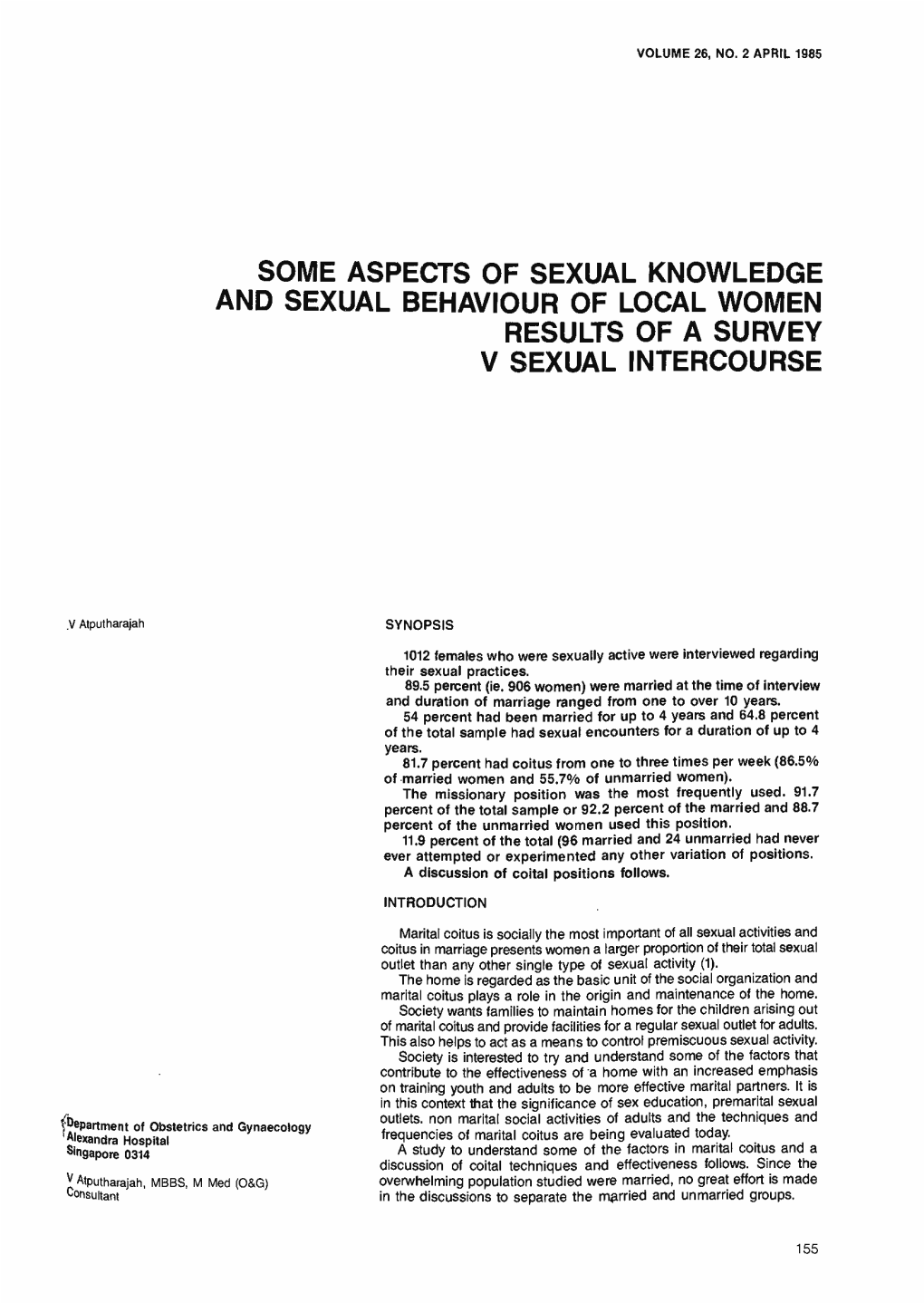 Some Aspects of Sexual Knowledge and Sexual Behaviour of Local Women Results of a Survey V Sexual Intercourse