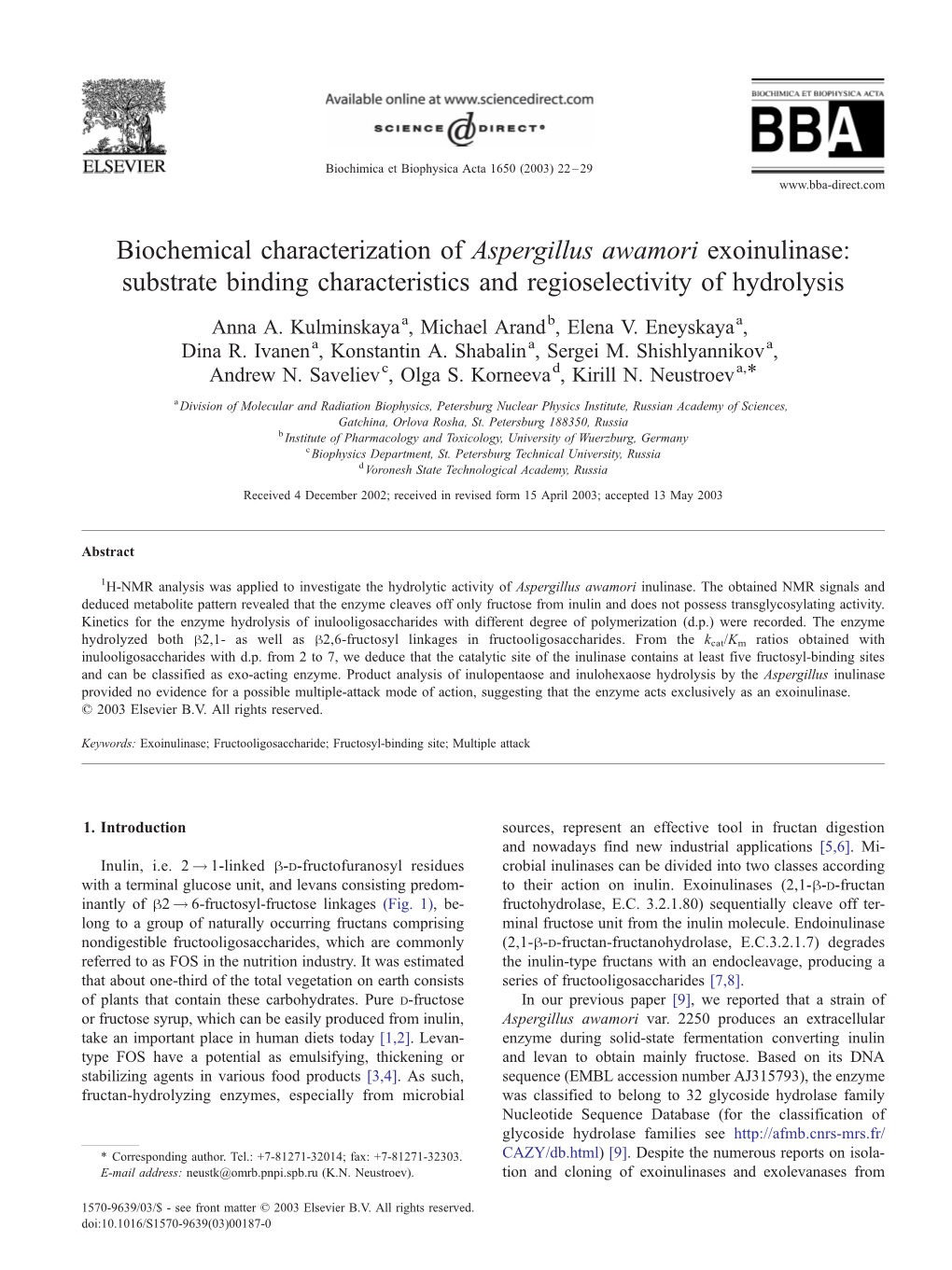 Biochemical Characterization of Aspergillus Awamori Exoinulinase: Substrate Binding Characteristics and Regioselectivity of Hydrolysis