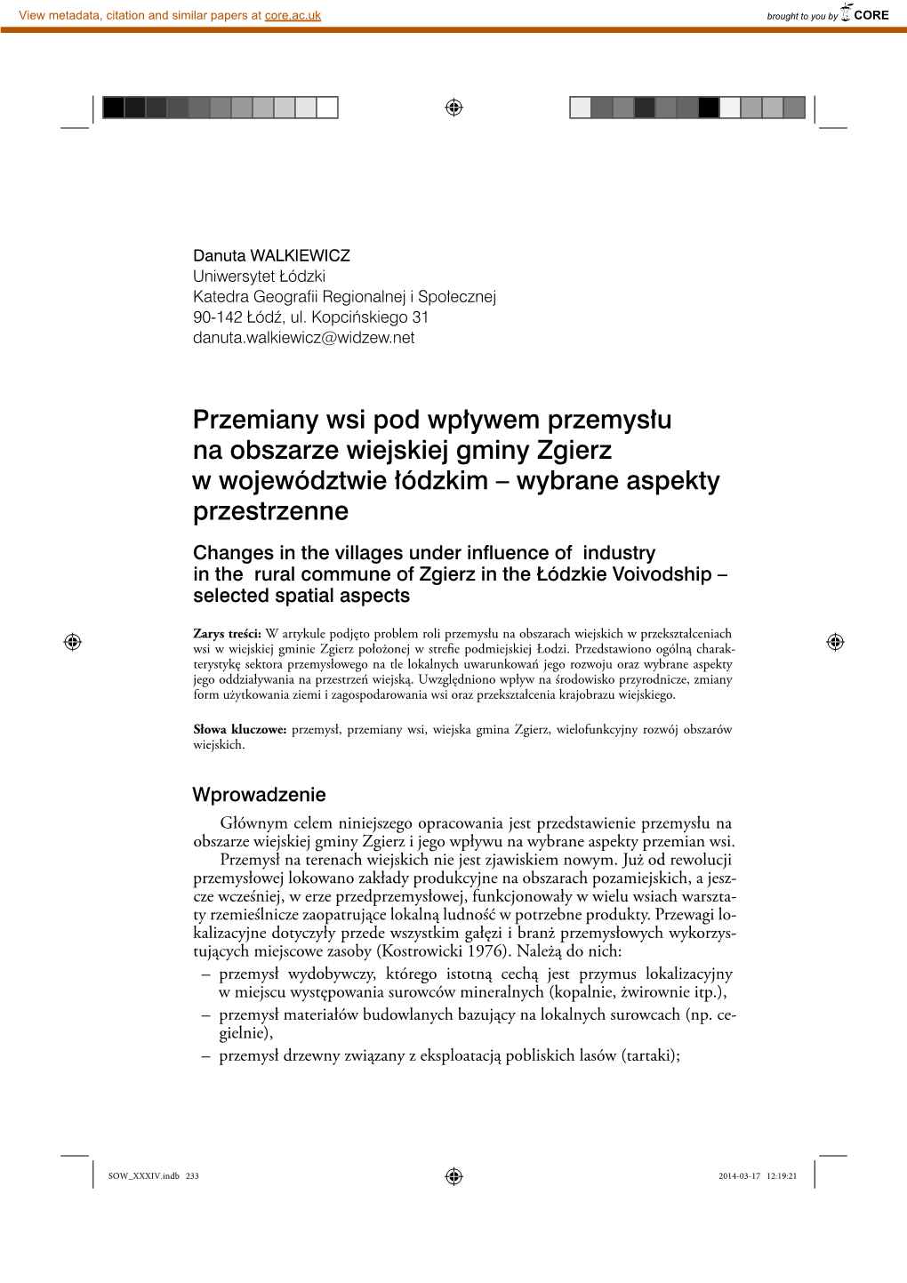 Przemiany Wsi Pod Wpływem Przemysłu Na Obszarze Wiejskiej Gminy Zgierz W Województwie Łódzkim – Wybrane Aspekty Przestrzenne