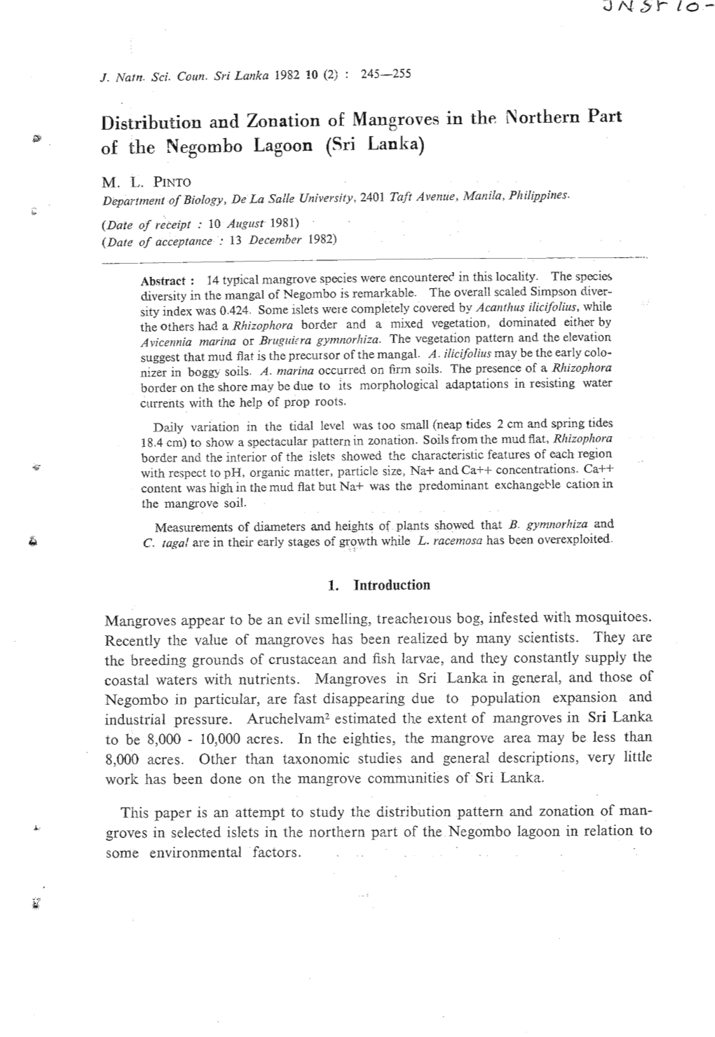 Distribution and Zonation of Mangroves in the Northern Part of the Negombo Lagoon (Sri Lanlra)