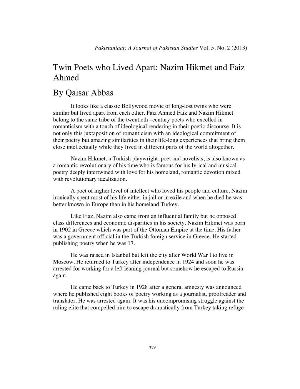 Twin Poets Who Lived Apart: Nazim Hikmet and Faiz Ahmed by Qaisar