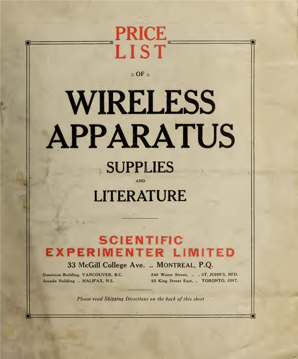 Price List of Wireless Apparatus Supplies and Literature