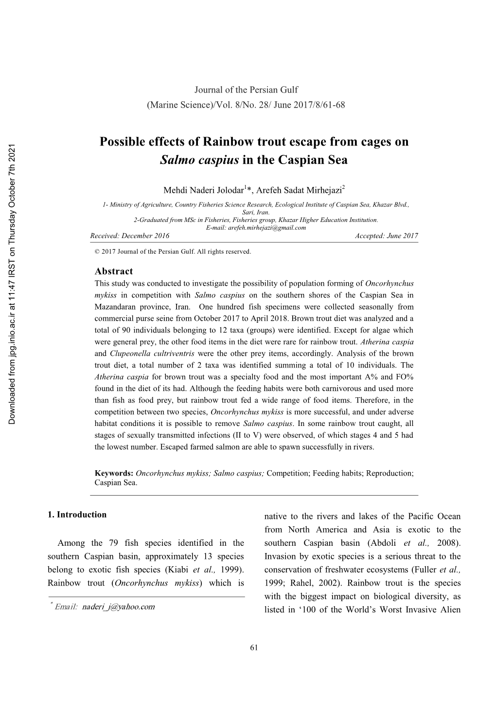 Possible Effects of Rainbow Trout Escape from Cages on Salmo Caspius in the Caspian Sea
