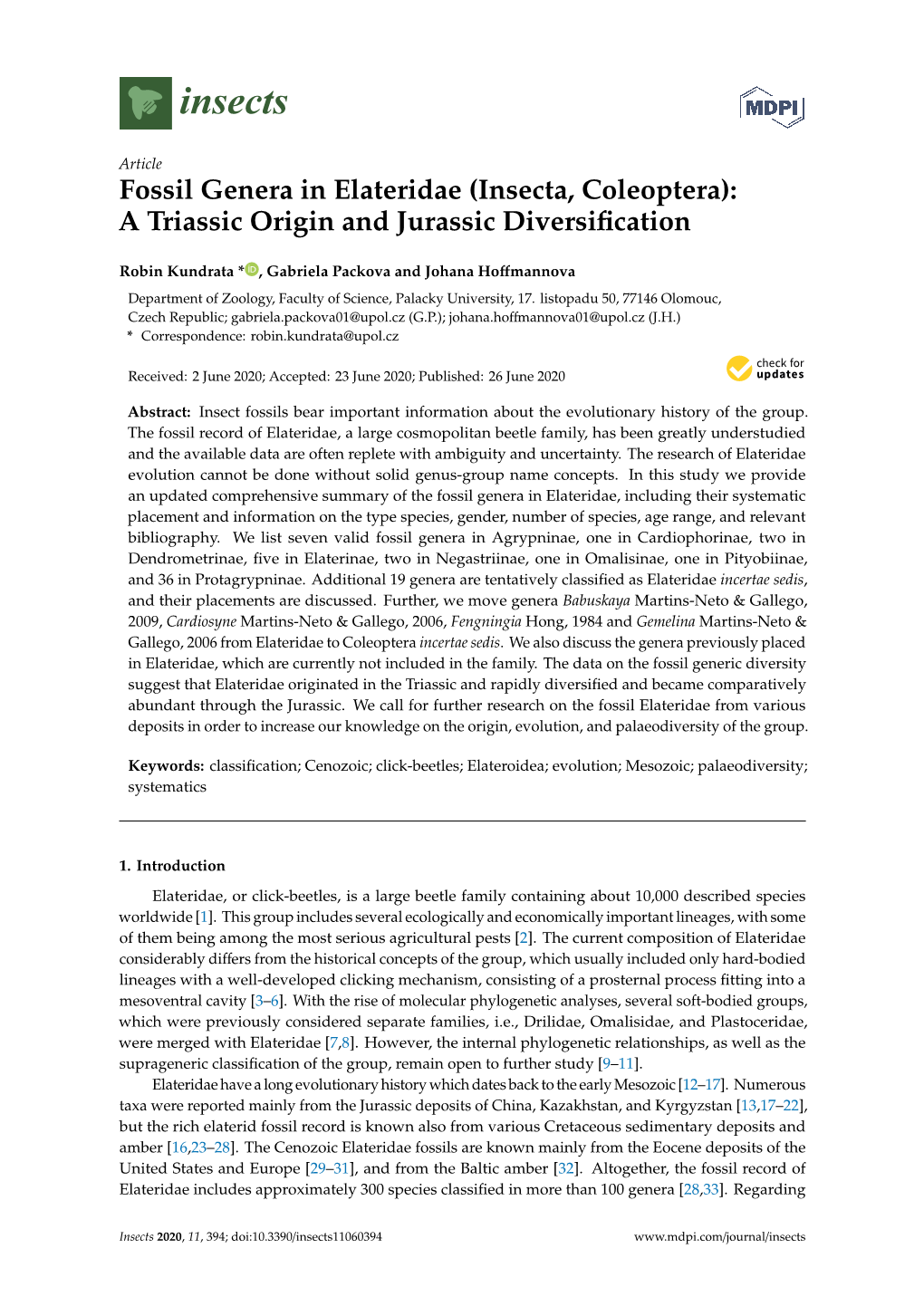 Fossil Genera in Elateridae (Insecta, Coleoptera): a Triassic Origin and Jurassic Diversiﬁcation