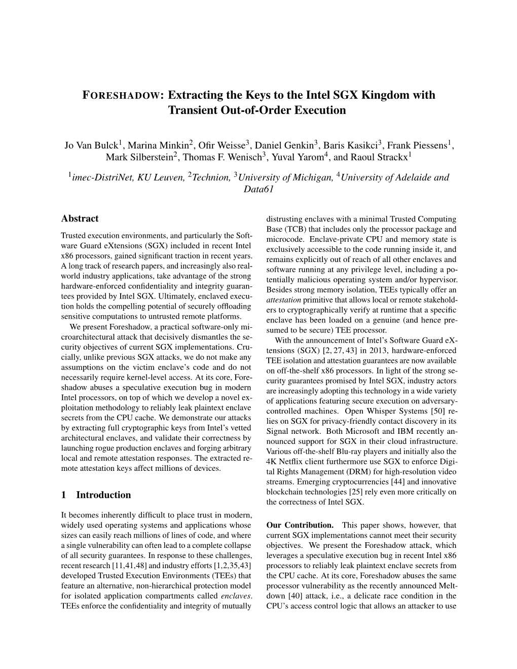 Extracting the Keys to the Intel SGX Kingdom with Transient Out-Of-Order Execution