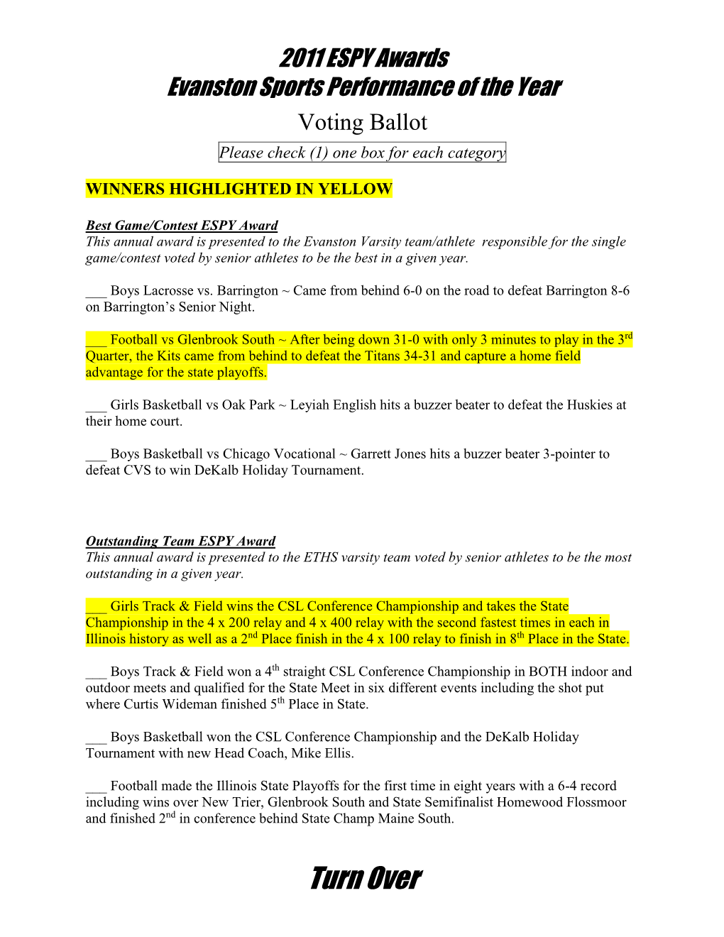 Turn Over 2011 ESPY Awards Evanston Sports Performance of the Year Voting Ballot Please Check (1) One Box for Each Category