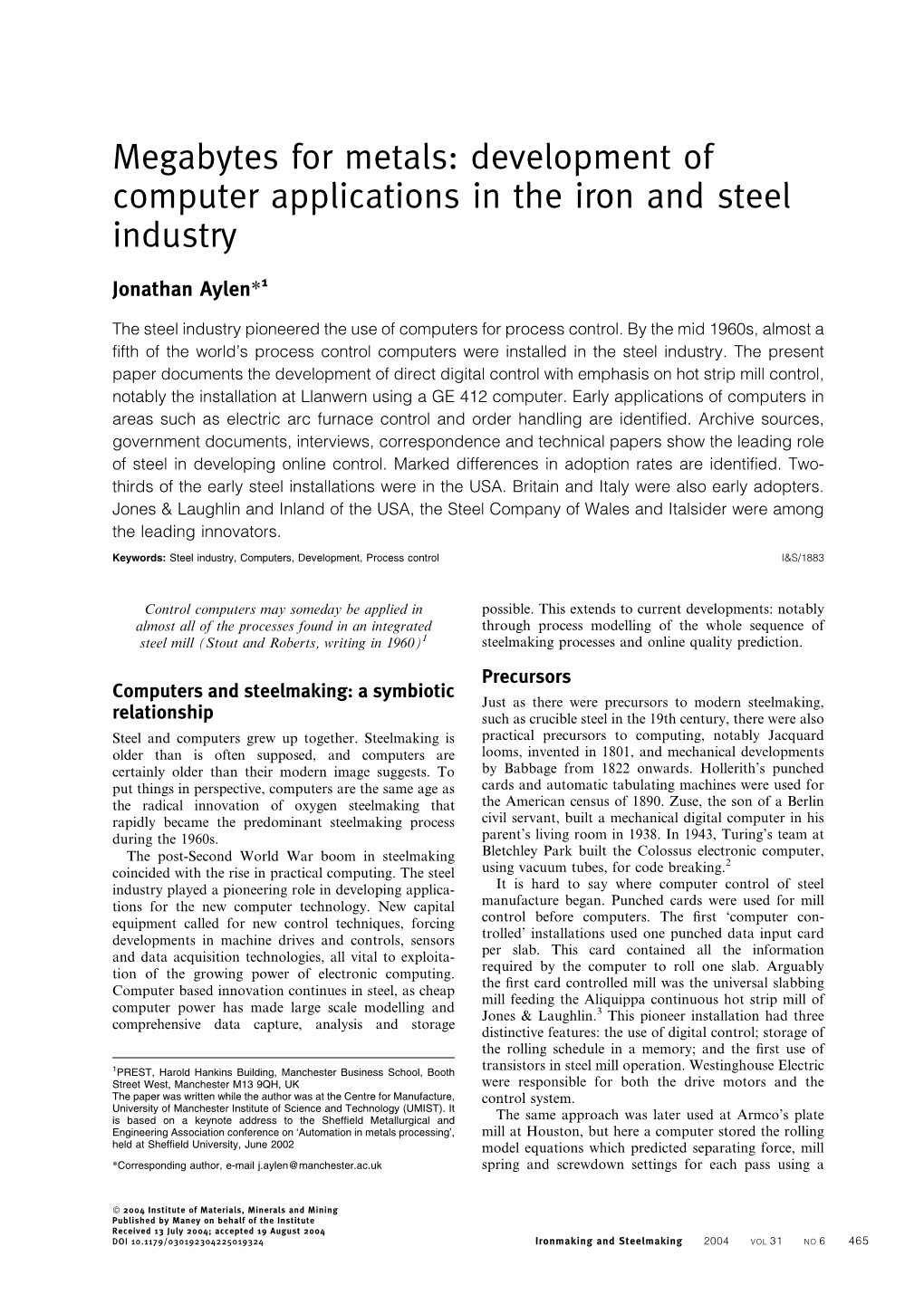Development of Computer Applications in the Iron and Steel Industry