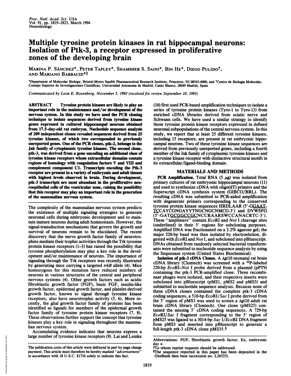 Isolation of Ptk-3, a Receptor Expressed in Proliferative Zones of the Developing Brain MARINA P