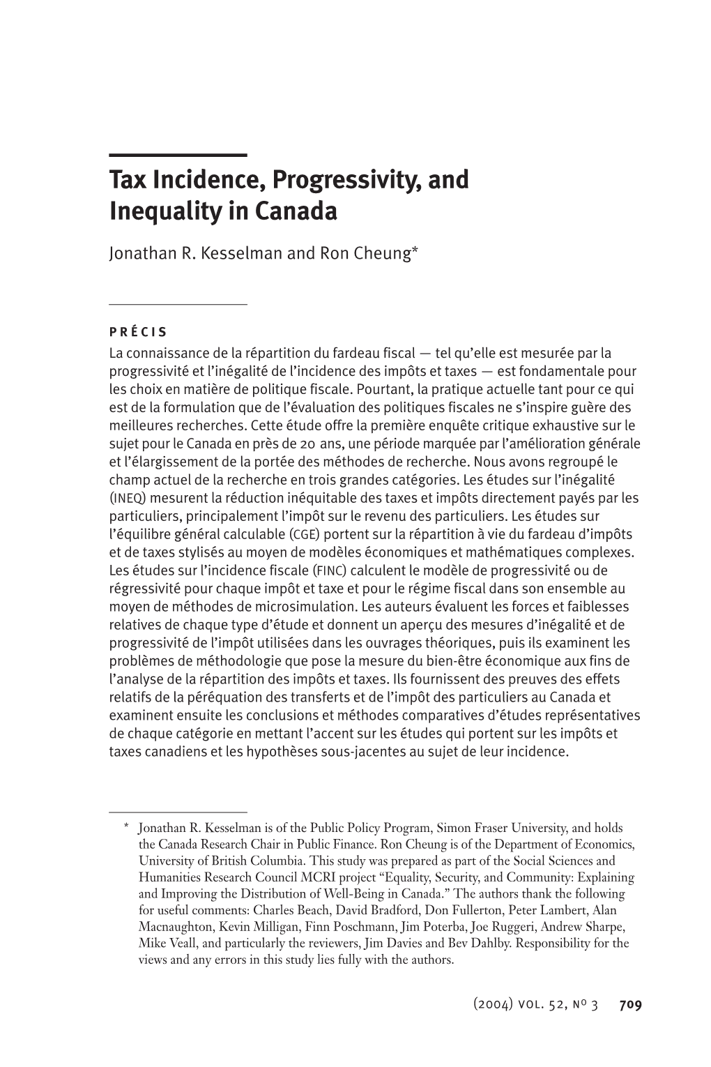 Tax Incidence, Progressivity, and Inequality in Canada
