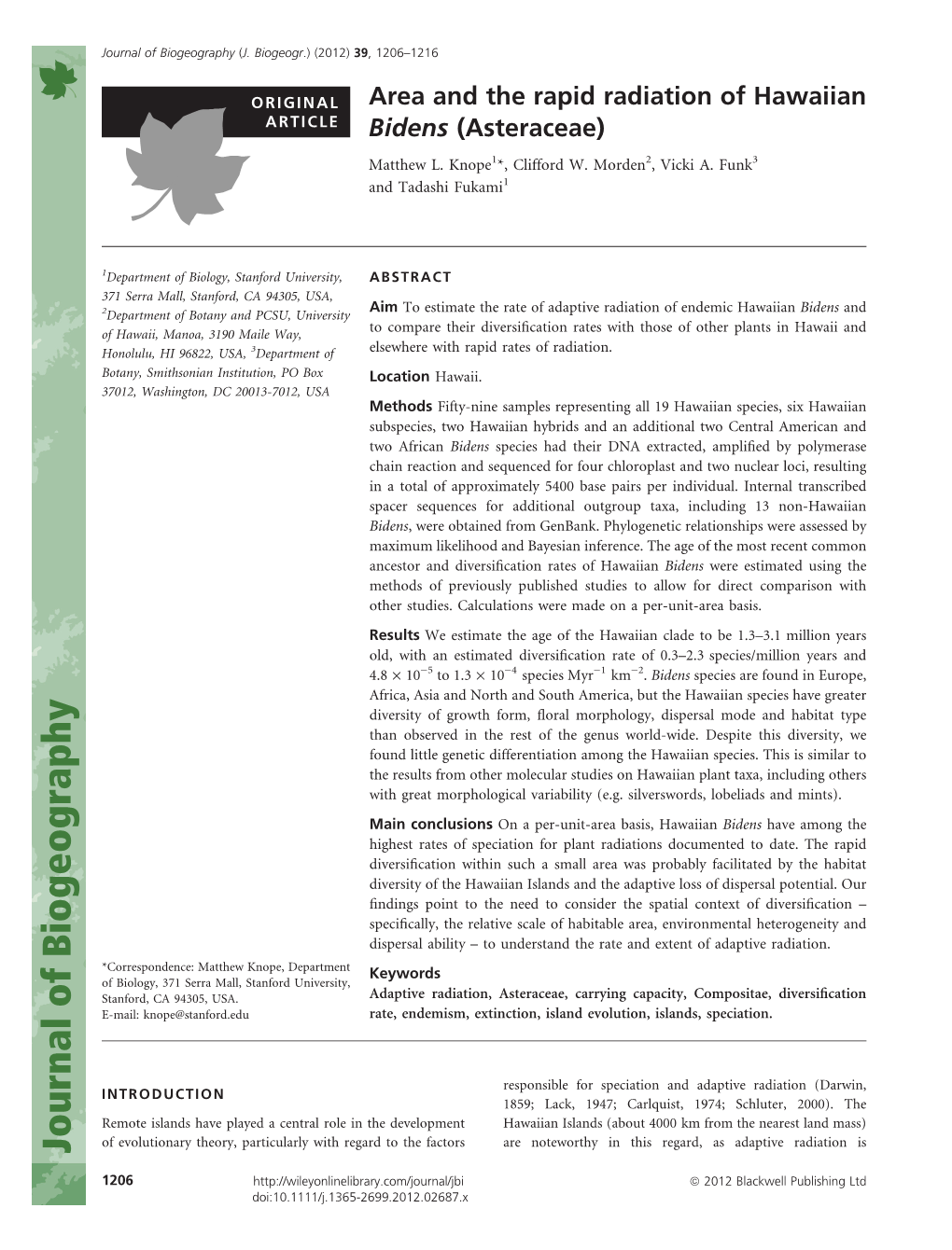 Area and the Rapid Radiation of Hawaiian Bidens (Asteraceae)