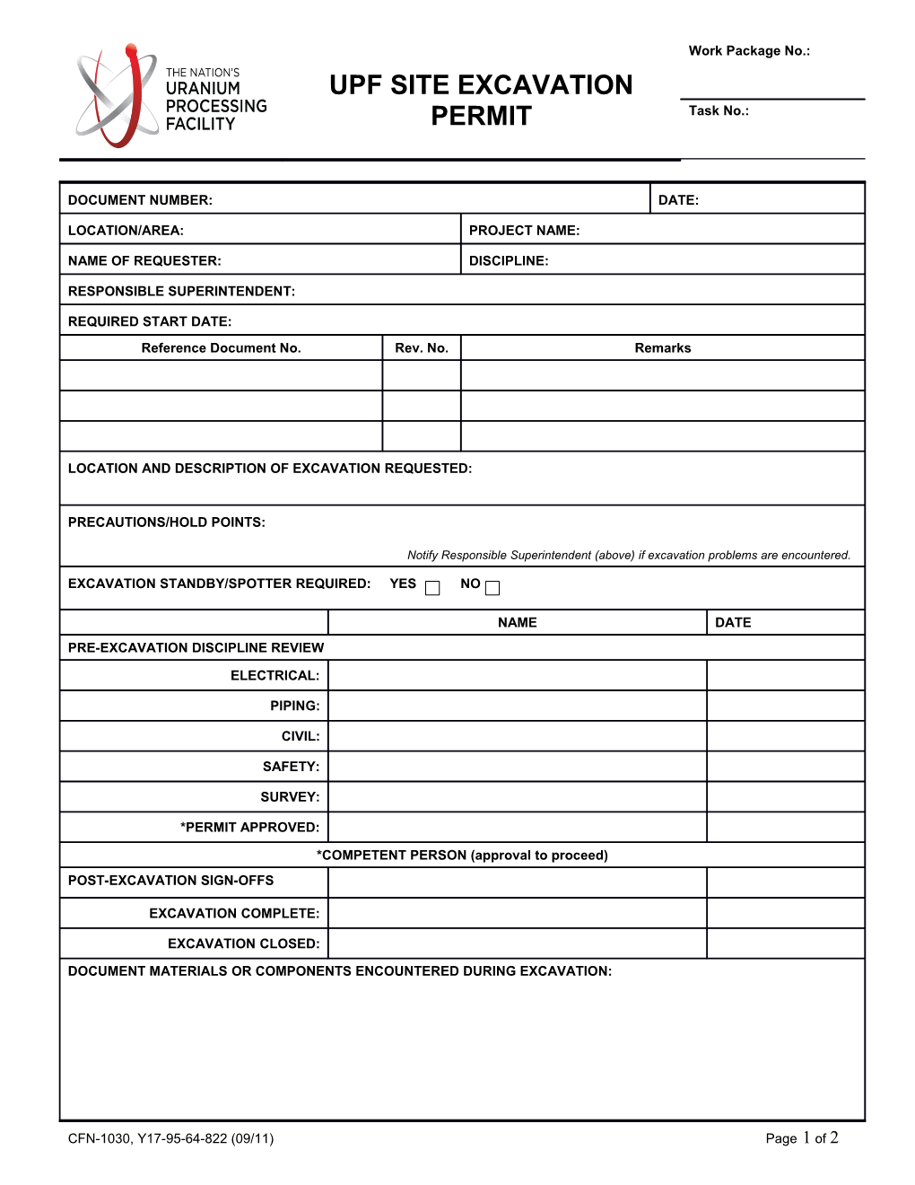 CFN-1030 UPF Site Excavation Permit (Word)