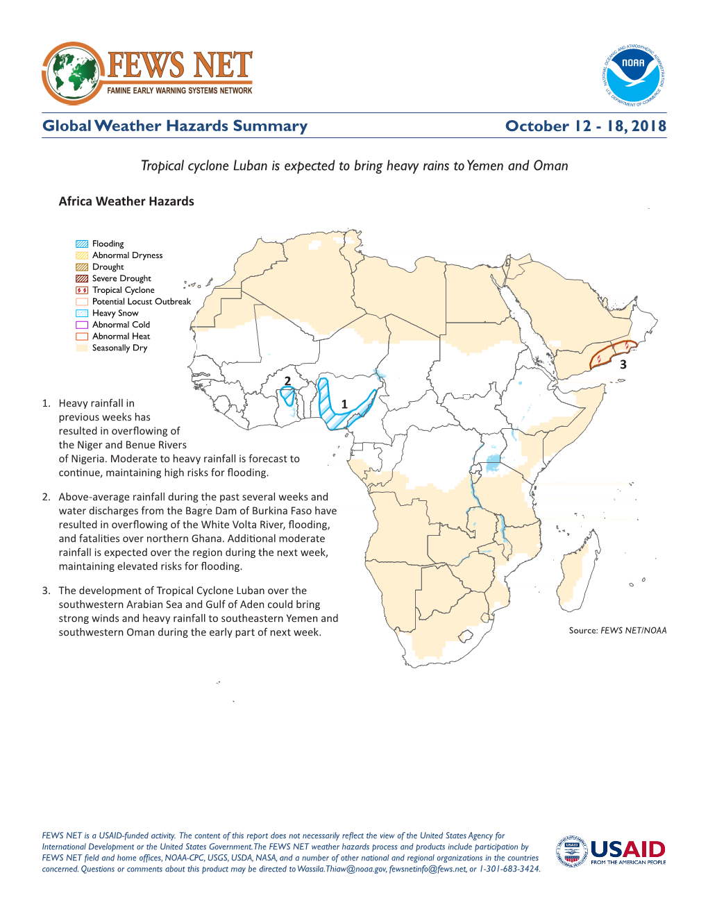 Global Weather Hazards Summary October 12 - 18, 2018