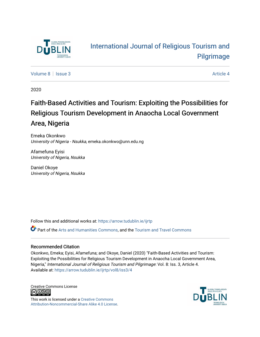 Exploiting the Possibilities for Religious Tourism Development in Anaocha Local Government Area, Nigeria