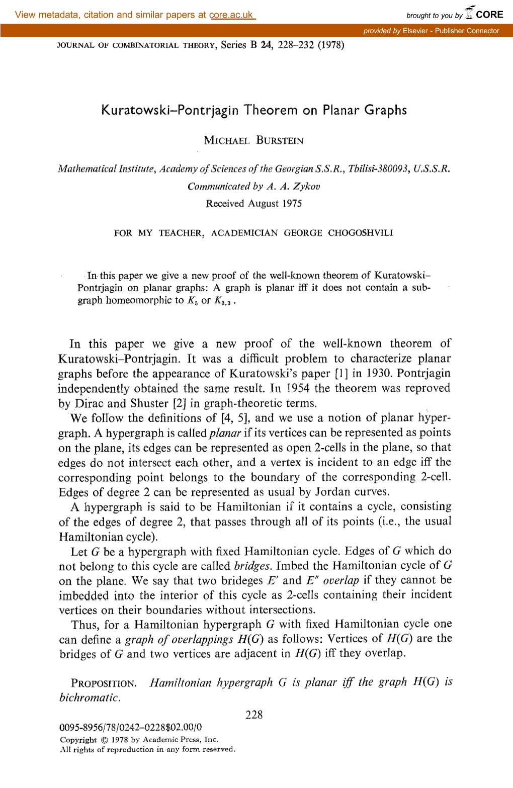 Kuratowski-Pontrjagin Theorem on Planar Graphs in This Paper We Give