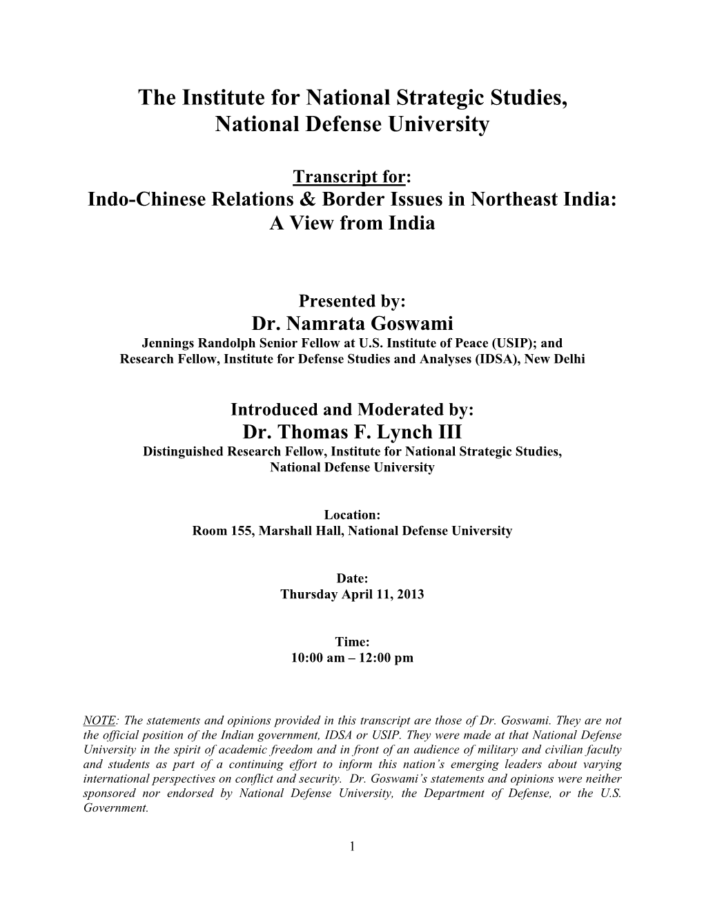 The Institute for National Strategic Studies, National Defense University